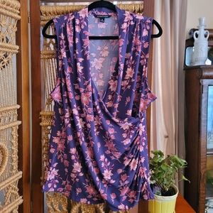 41 Hawthorn sleeveless  XXL faux wrap top in a purple and pink floral print.